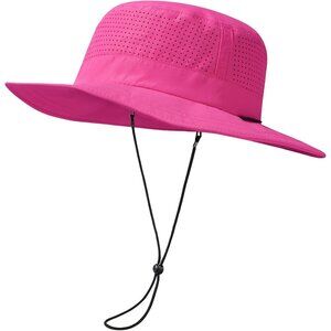 Unisex Pink 100% Polyester Wide Brim Boonie Mesh Adjustable Chin Strip Sun Hat